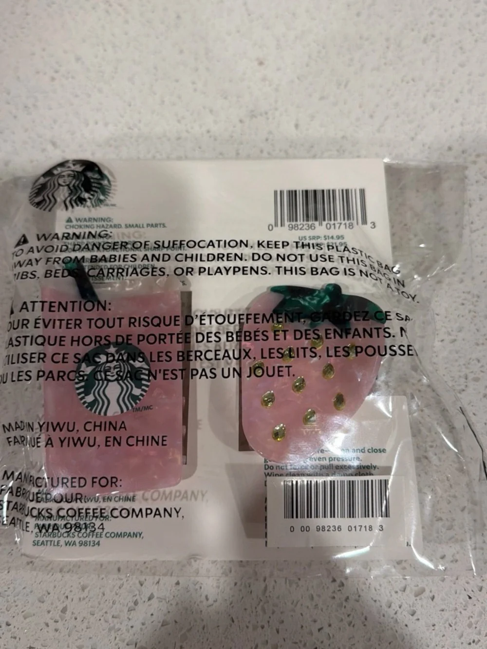 Starbucks Pink Strawberry & Cup Acetate Hair Claw Clips Set